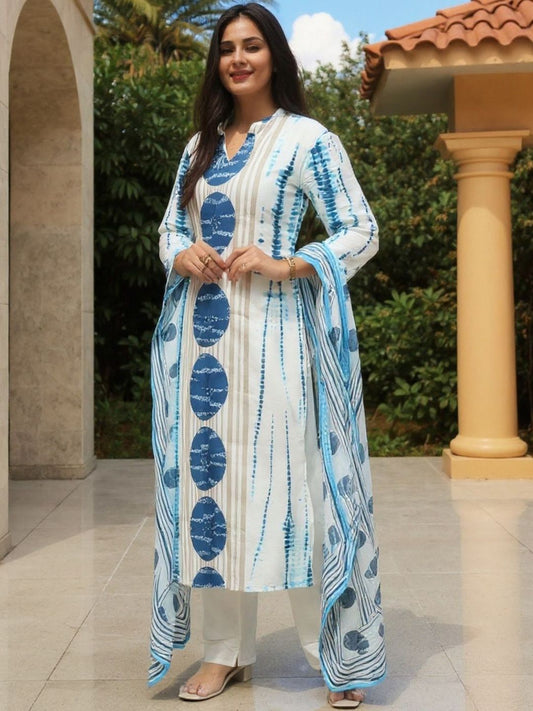 Women Geometric Printed Cotton Kurta with Trousers & Dupatta