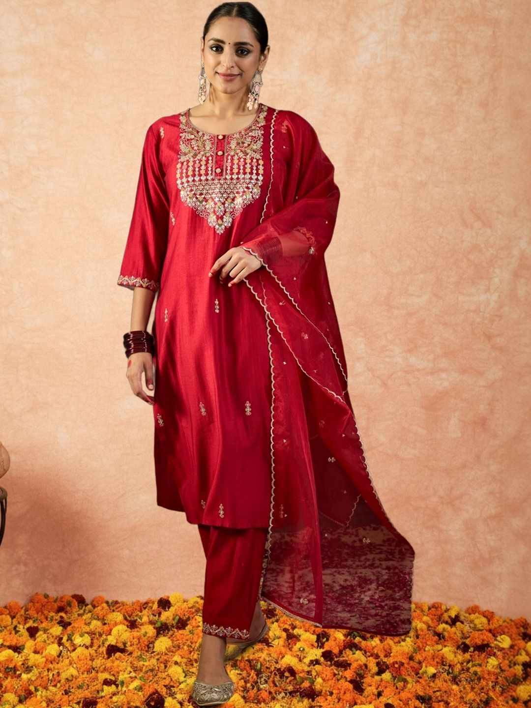 Women Ethnic Motifs Embroidered Regular Sequinned Liva Kurta with Trousers & With Dupatta