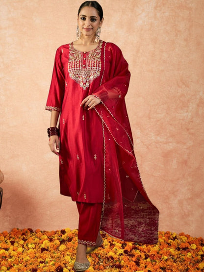 Women Ethnic Motifs Embroidered Regular Sequinned Liva Kurta with Trousers & With Dupatta