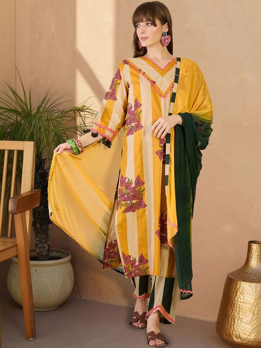 Women Floral Printed Regular Pure Cotton Kurta with Trousers & With Dupatta