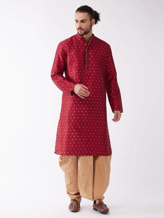 Men's Maroon Silk Blend Straight Kurta and Dhoti Set