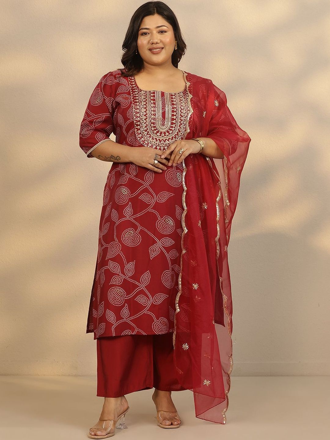 Dhiyona Women's Plus Size Ethnic Motifs Printed Straight Kurta With Palazzos & Dupatta