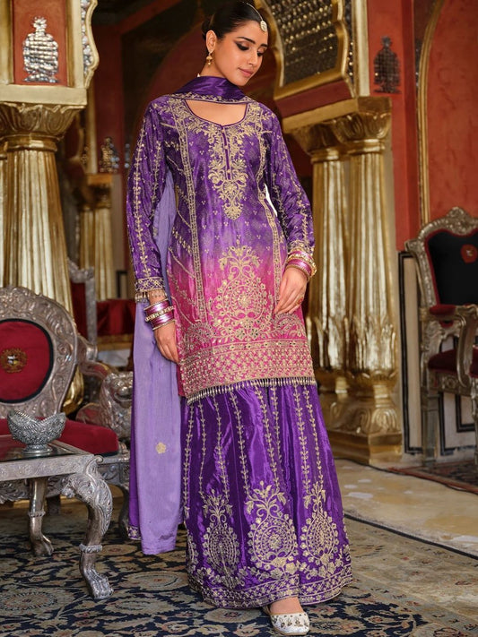 Dhiyona IE Ethnic Motifs Embroidered Thread Work Chinon Kurta with Sharara & With Dupatta