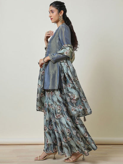 Dhiyona SO Women's Floral Embroidered Thread Work Tissue Straight Kurti with Palazzos & Dupatta