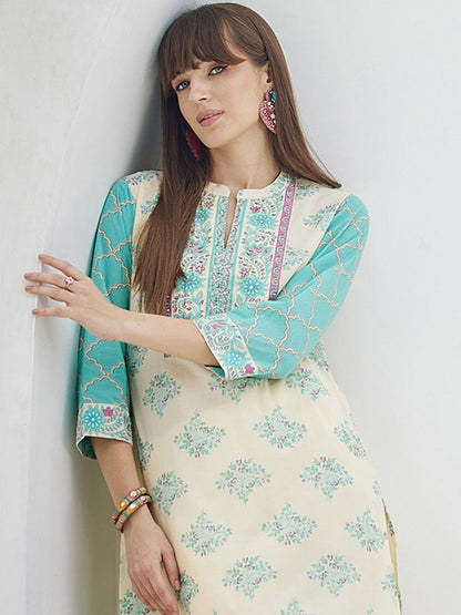Ethnic Motifs Printed Straight Thread Work Pure Cotton Kurta With Trouser