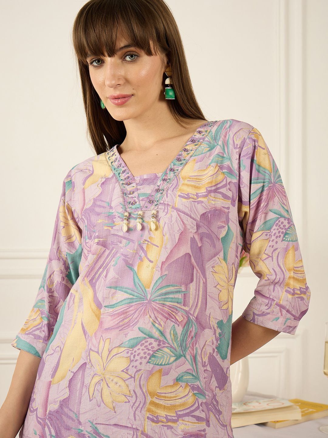 Floral Printed Thread Work Pure Cotton Kurta With Palazzos