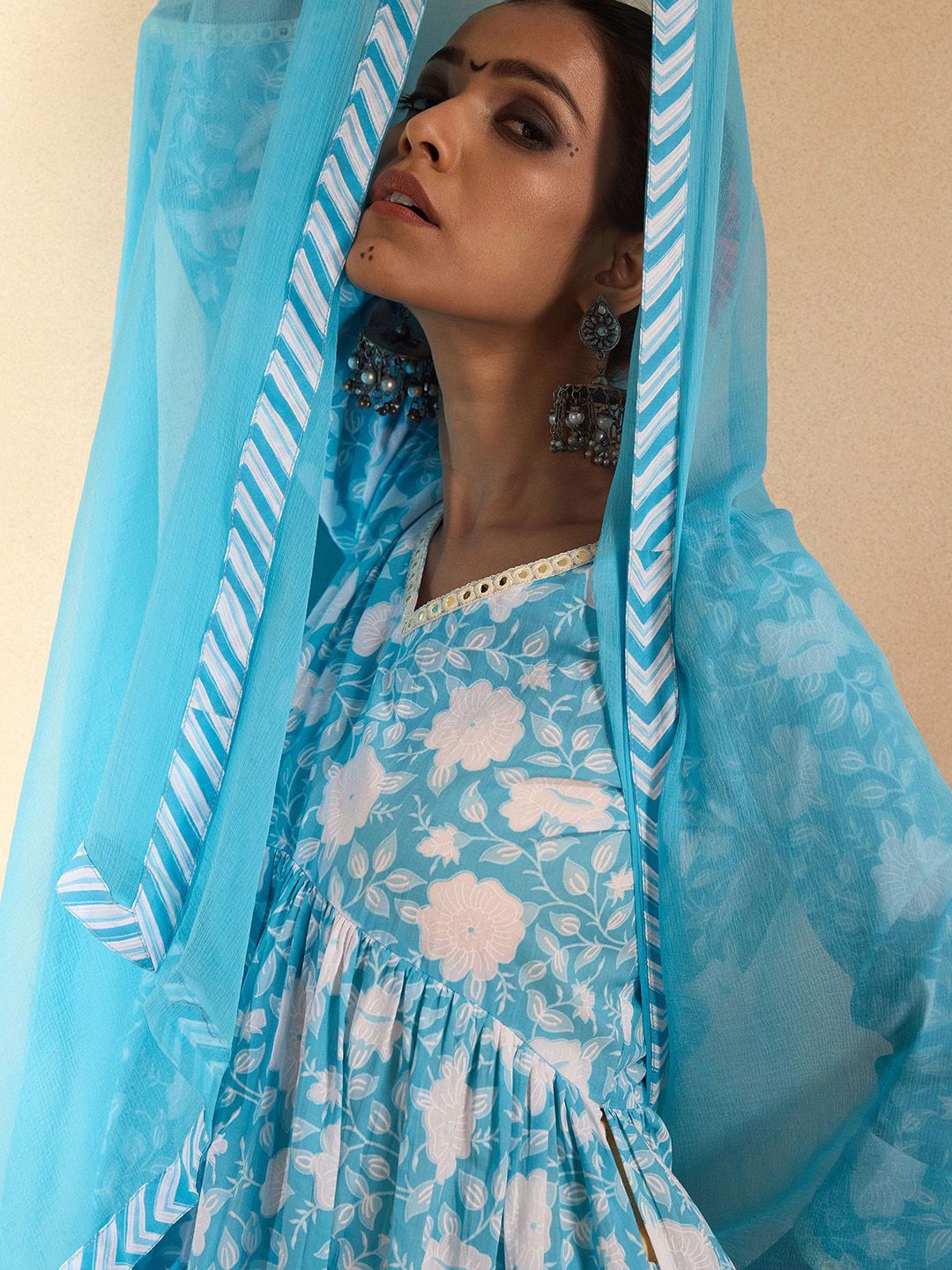 Floral Printed Empire Mirror Work Pure Cotton Kurta with Trousers & With Dupatta