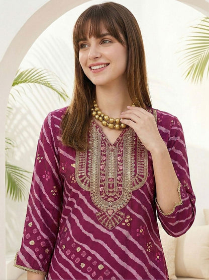 Dhiyona CH Women Leheriya Printed Regular Sequinned Kurta with Dhoti Pants