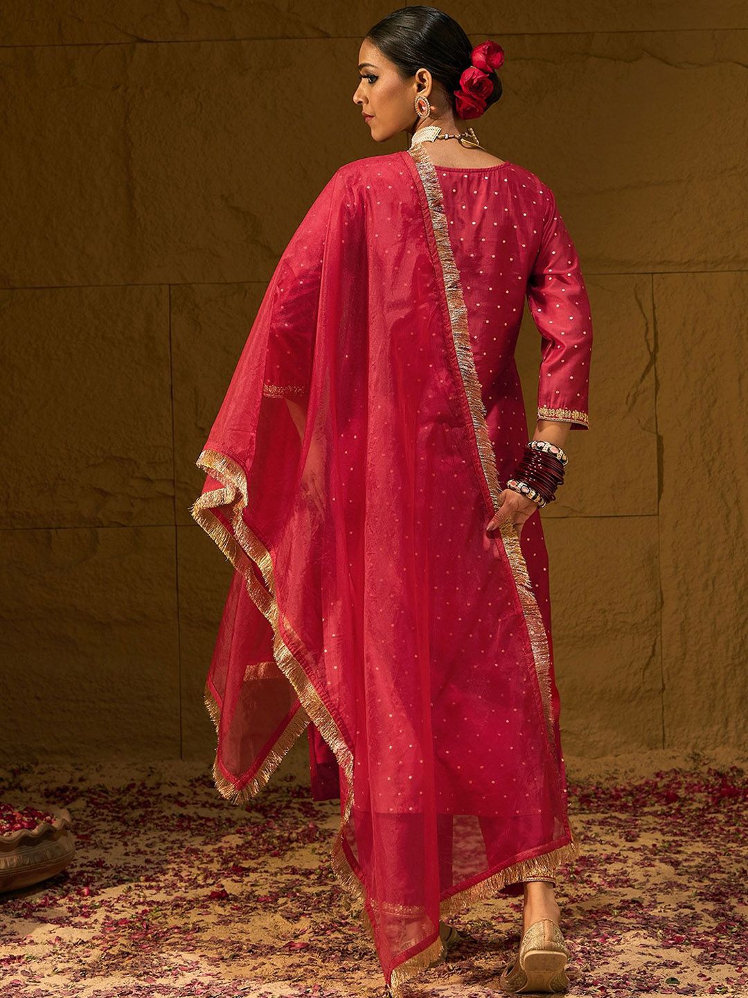 Red Embroidered Chanderi Silk Straight Zari Kurta With Trousers & Dupatta