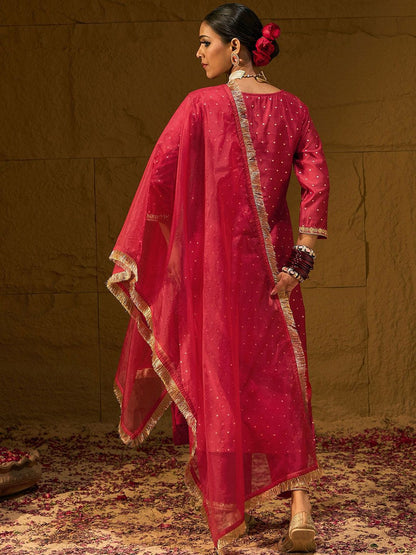 Red Embroidered Chanderi Silk Straight Zari Kurta With Trousers & Dupatta