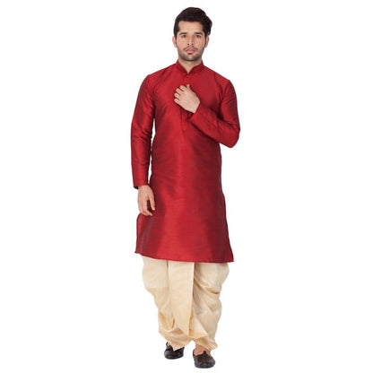 Men's Maroon Silk Blend Straight Kurta and Dhoti Set