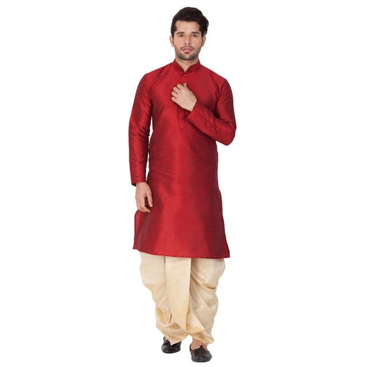 Men's Maroon Silk Blend Straight Kurta and Dhoti Set