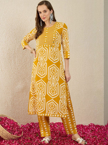 Women Printed Regular Mirror Work Pure Cotton Kurta with Trousers