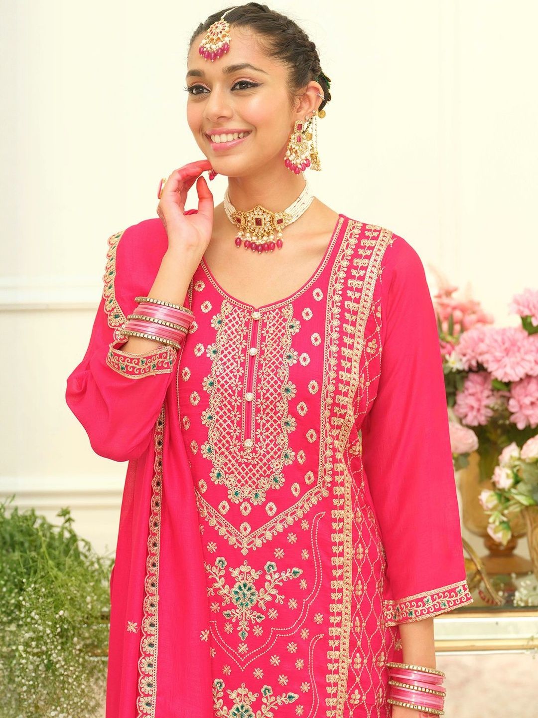 Women Ethnic Motifs Embroidered Regular Kurta with Palazzos & With Dupatta
