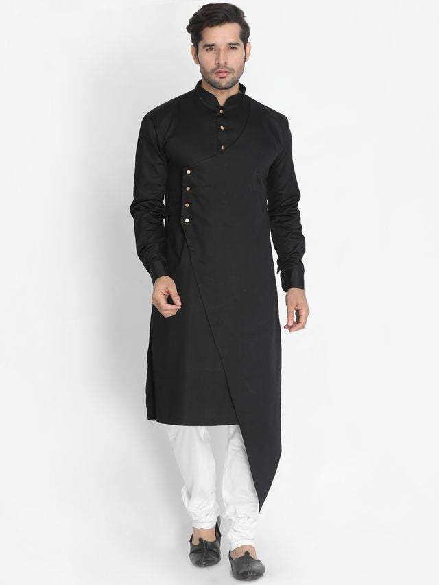 Men's Black Cotton Cotton Satin Asymmetric Kurta Pyjama Set