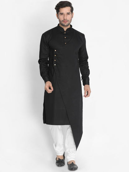 Men's Black Cotton Cotton Satin Asymmetric Kurta Pyjama Set