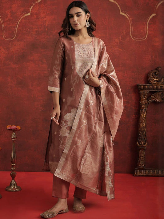 Ethnic Motifs Woven Design Zari Straight Kurta With Trousers & Dupatta
