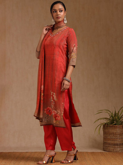 Dhiyona SO Women's Women Floral Printed Regular Zardozi Chanderi Cotton Kurta with Trousers & Dupatta