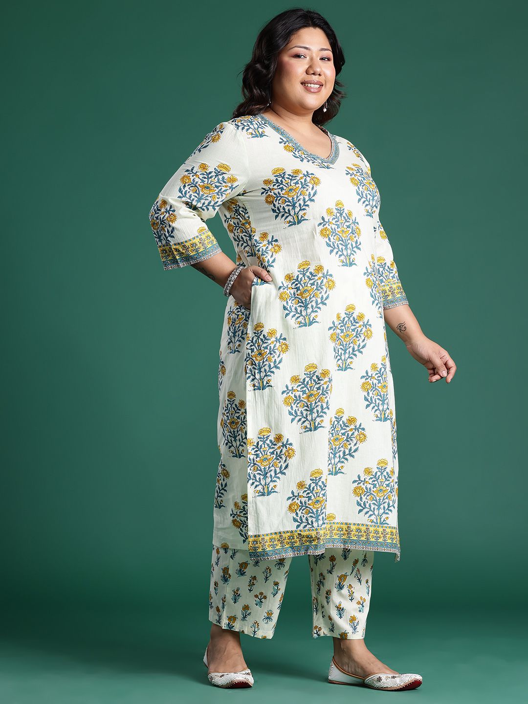 Floral Print Cotton Kurta with Trousers & Dupatta