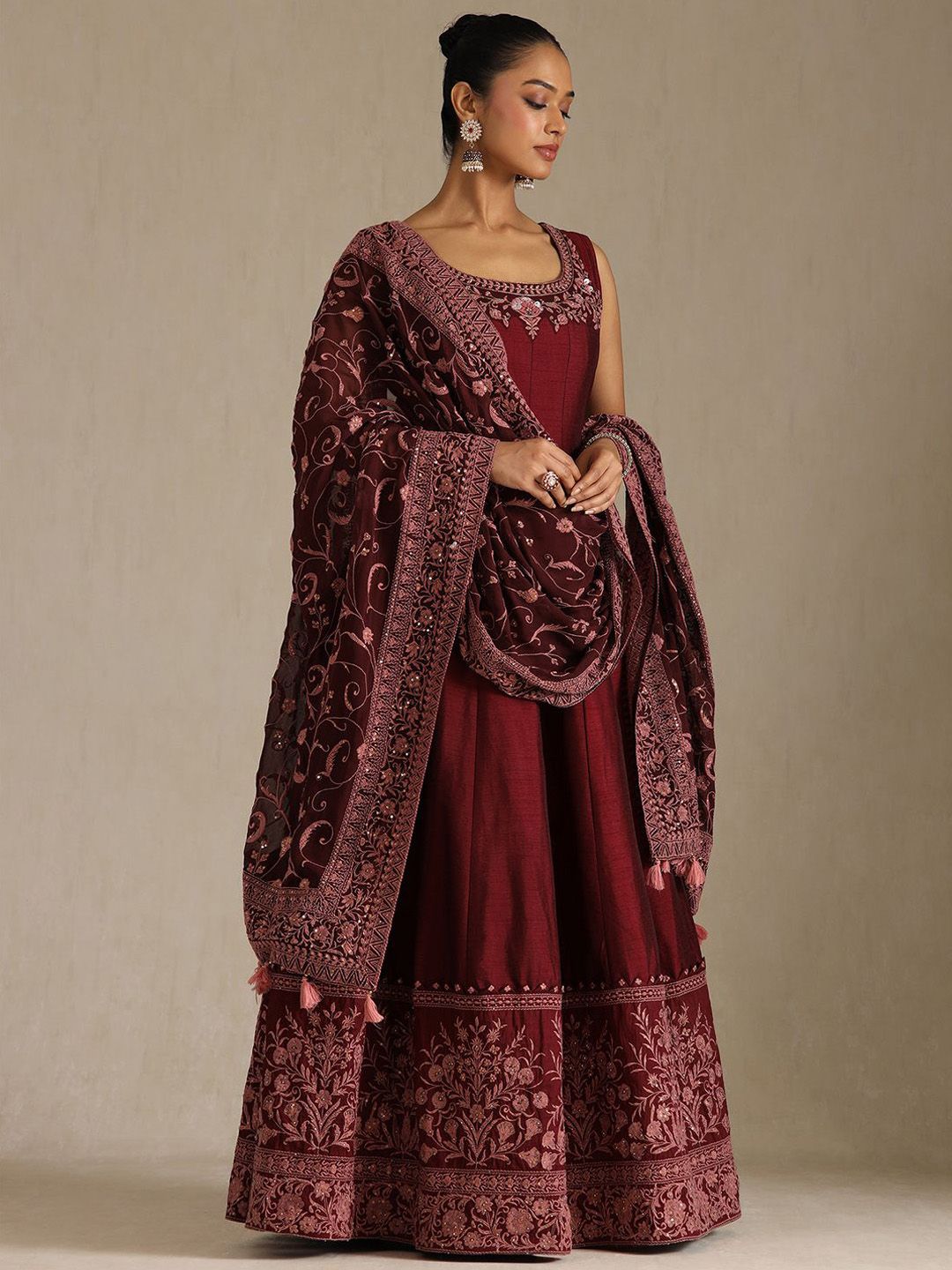 Dhiyona SO Women's Floral Embroidered Beads and Stones A-Line Gown with Dupatta