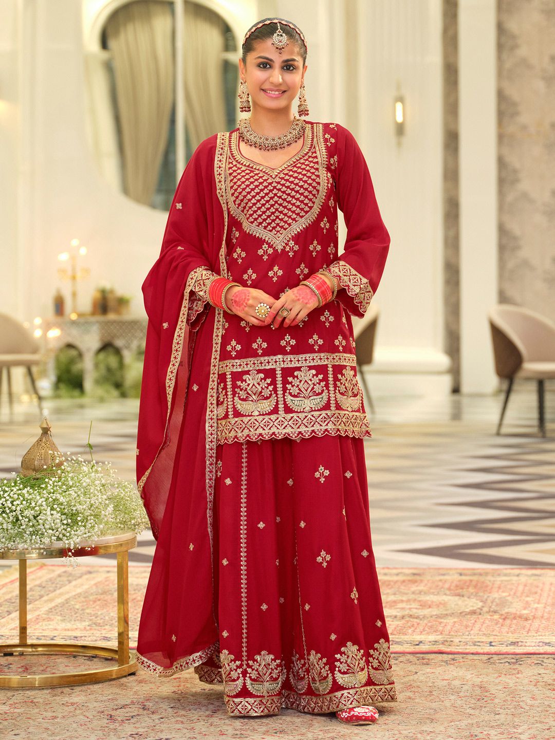 Dhiyona IE Ethnic Motifs Embroidered Kurta With Palazzos & Dupatta