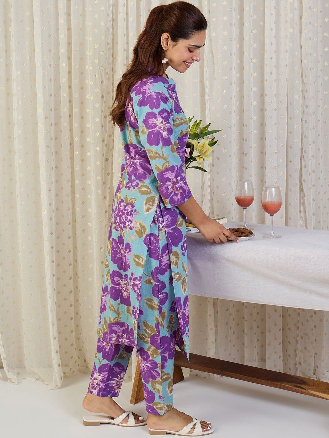 Dhiyona IE Floral Printed Pure Cotton Tunic & Trousers Co-Ord Set