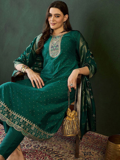 Dhiyona SN Women's Floral Embroidered Layered Kurta with Trouser & Dupatta