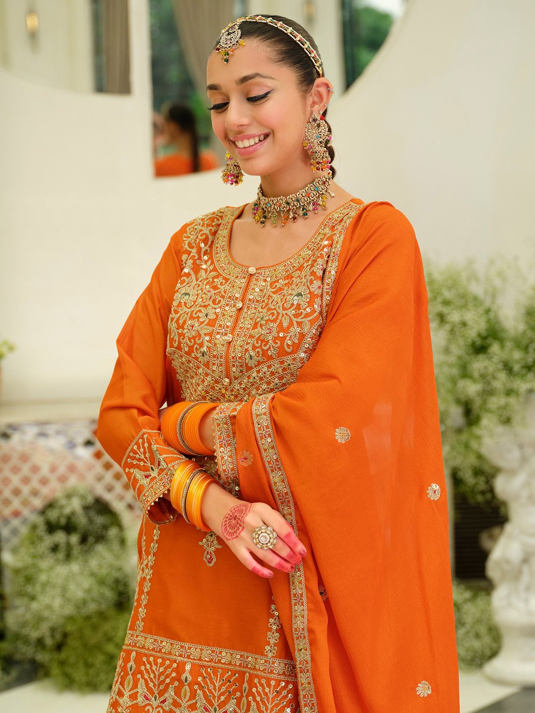 Women Ethnic Motif Embroidered Sequinned Kurta with Skirt & Dupatta