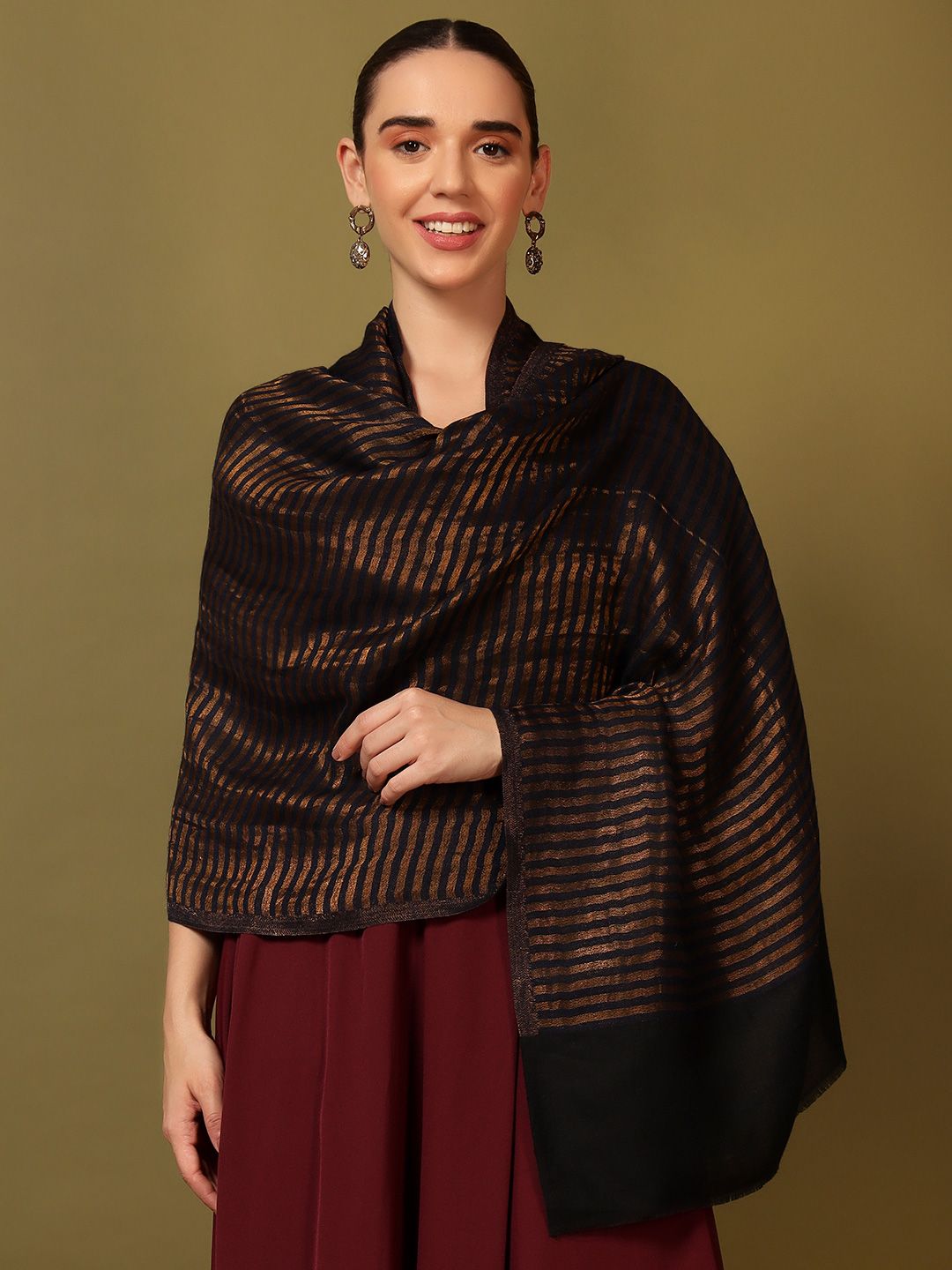 Dhiyona PA Striped Woven Design Woollen Reversible Shawl
