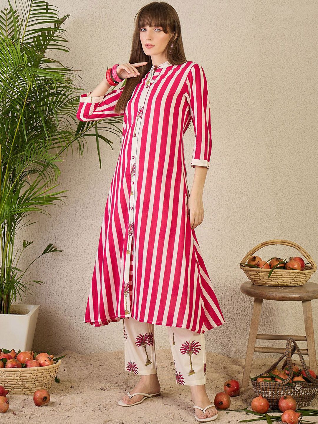 Dhiyona IE Printed Mandarin Collar A-Line Pure Cotton Tunic with Trousers