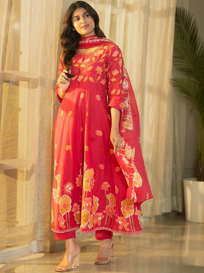 Women Floral Printed Regular Beads and Stones Pure Cotton Kurta with Trousers & With Dupatta