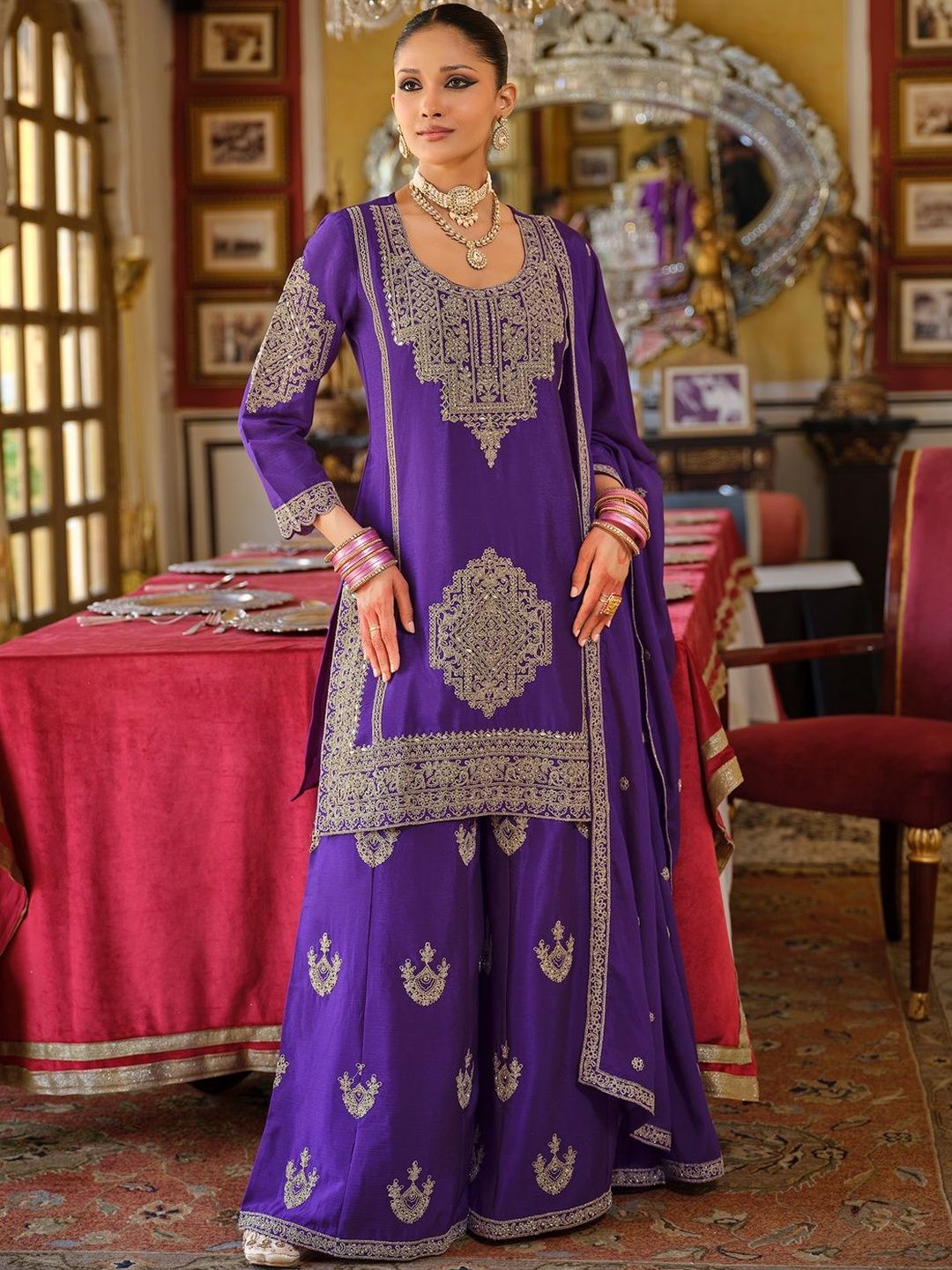 Ethnic Motifs Embroidered Chinon Beads And Stones Kurta With Palazzos & Dupatta