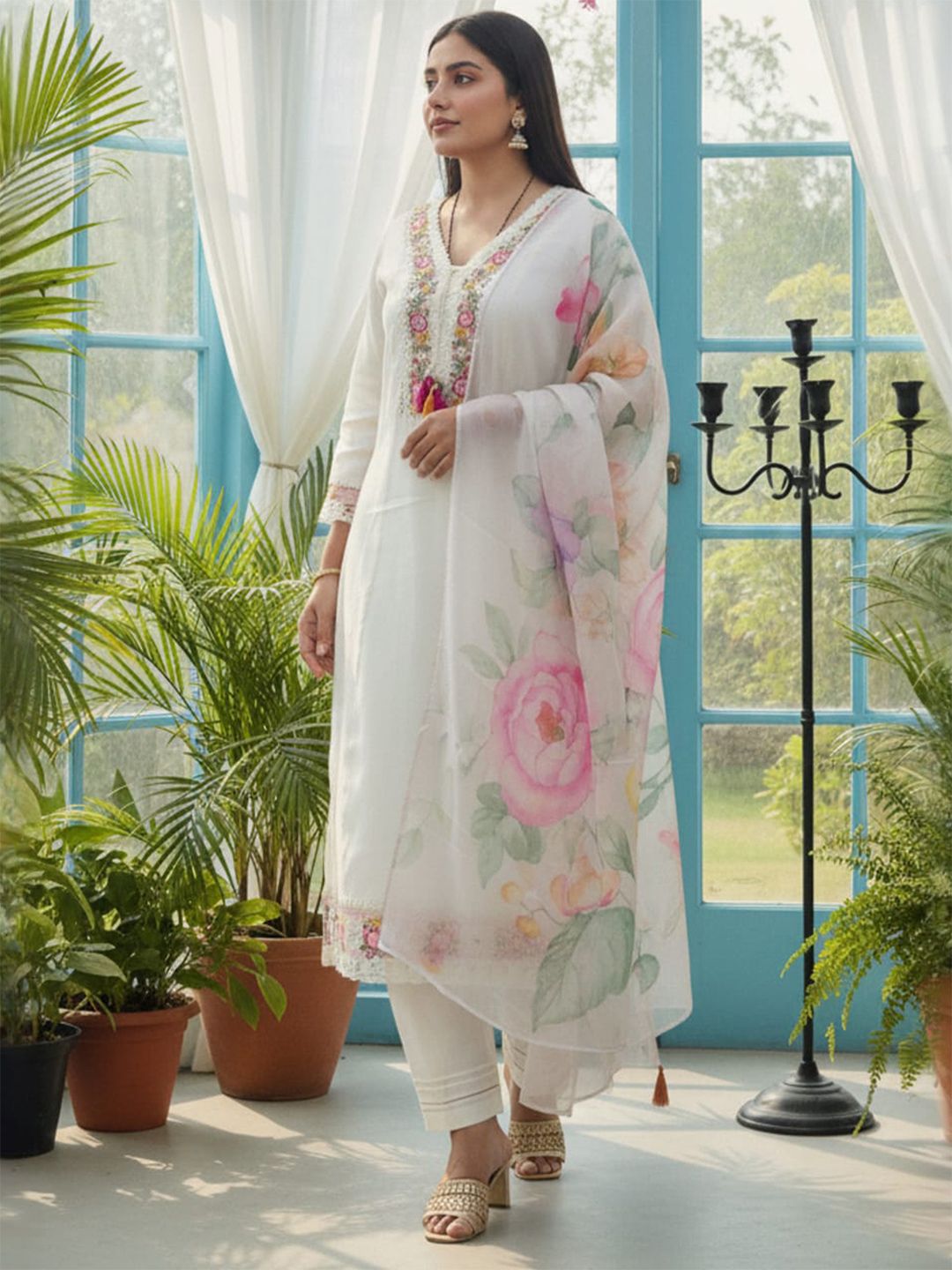 Women Floral Embroidered Thread Work Kurta with Trousers & Dupatta Kurta Sets