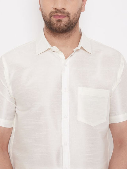 Men's Cream Silk Blend Straight Ethnic Shirt