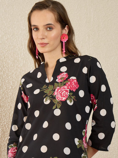 Dhiyona IE Printed Mandarin Collar Three-Quarter Sleeves Pure Cotton Top With Trousers