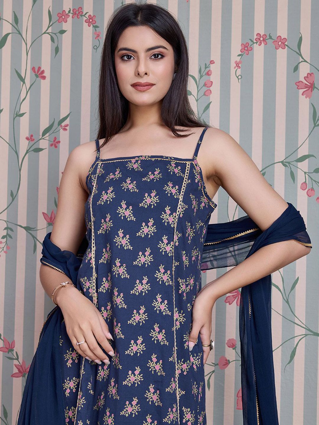 Dhiyona OD  Floral Printed Gotta Patti Pure Cotton Anarkali Kurta Set
