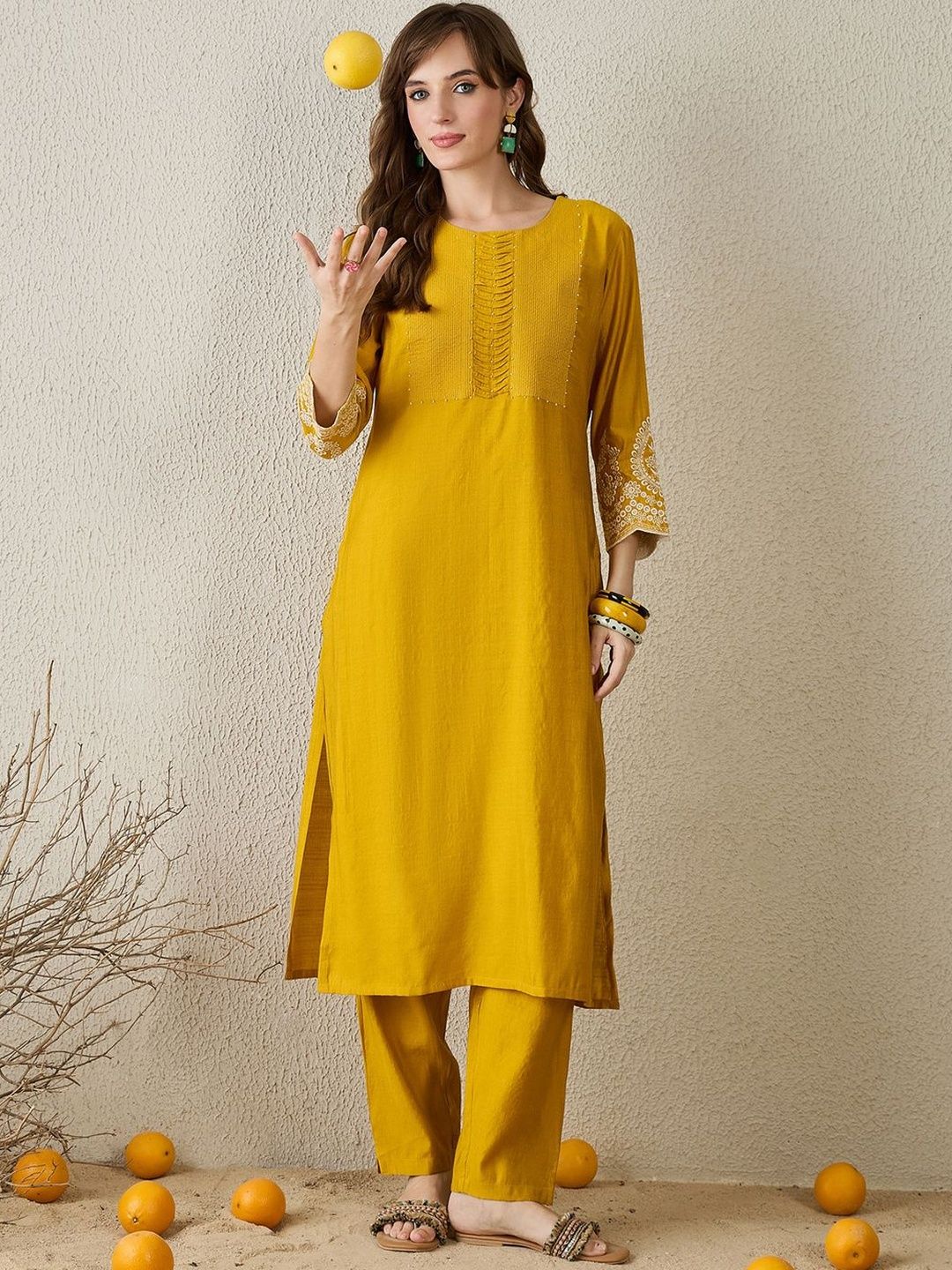 Ethnic Motifs Embroidered Beads And Stones Kurta With Trouser