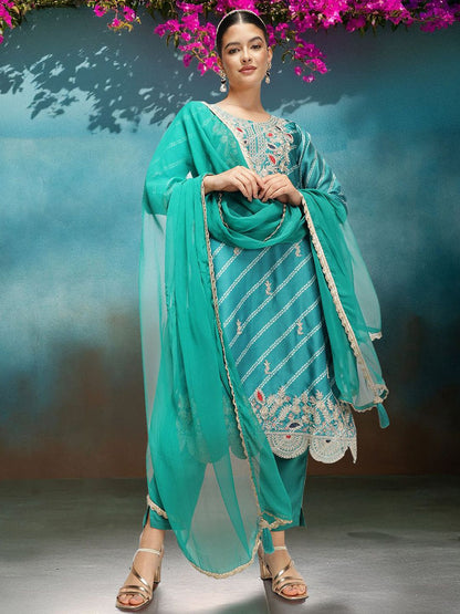 Dhiyona IS Women's Women Leheriya Embroidered Kurta with Trousers & Dupatta