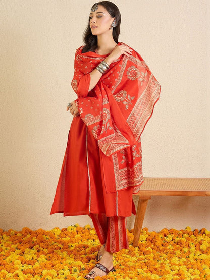 Women Ethnic Motifs Regular Thread Work Pure Cotton Kurta with Trousers & With Dupatta