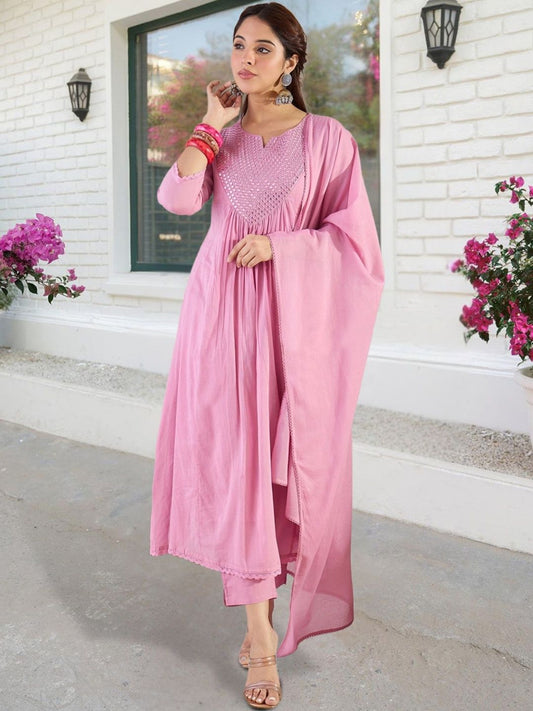 Women Pleated Mirror Work Pure Cotton Kurta with Trousers & With Dupatta