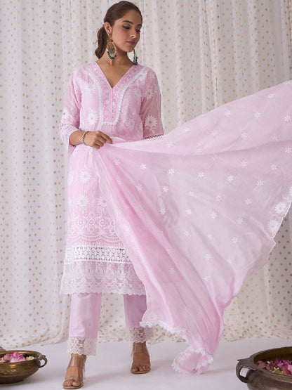 Women Ethnic Motifs Embroidered Regular Chikankari Pure Cotton Kurta with Trousers & With Dupatta
