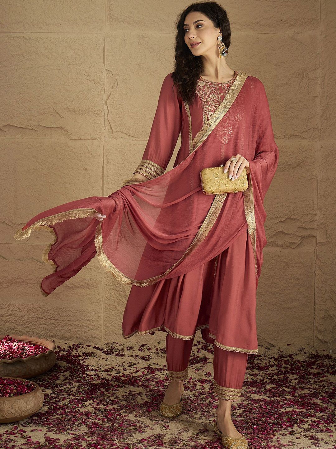 Dhiyona VA Women's Ethnic Motifs Embroidered Panelled Kurta with Trousers & Dupatta