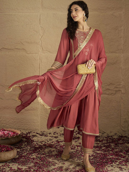 Dhiyona VA Women's Ethnic Motifs Embroidered Panelled Kurta with Trousers & Dupatta