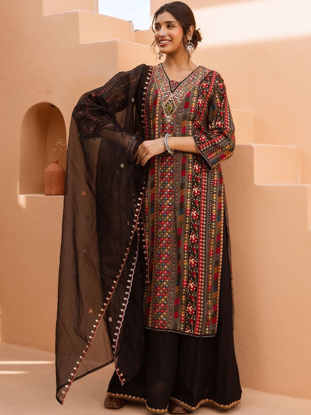 Women Ethnic Motifs Embroidered Regular Mirror Work Kurta with Palazzos & Dupatta