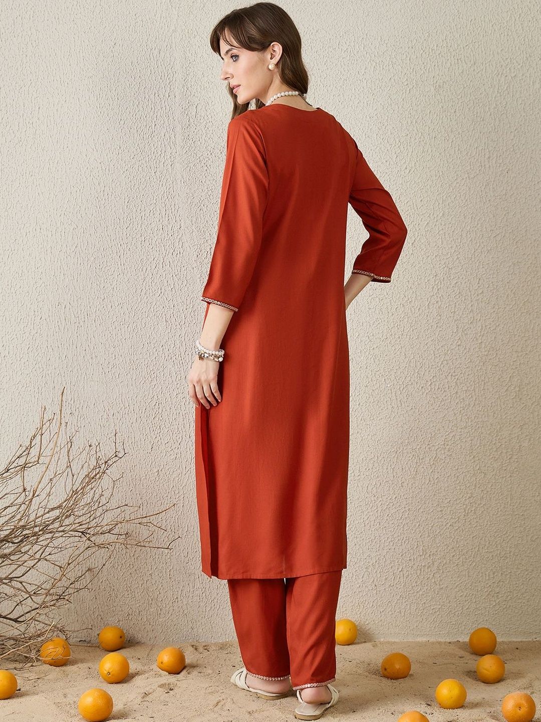 Women Ethnic Motifs Embroidered Pleated Thread Work Kurta with Trousers