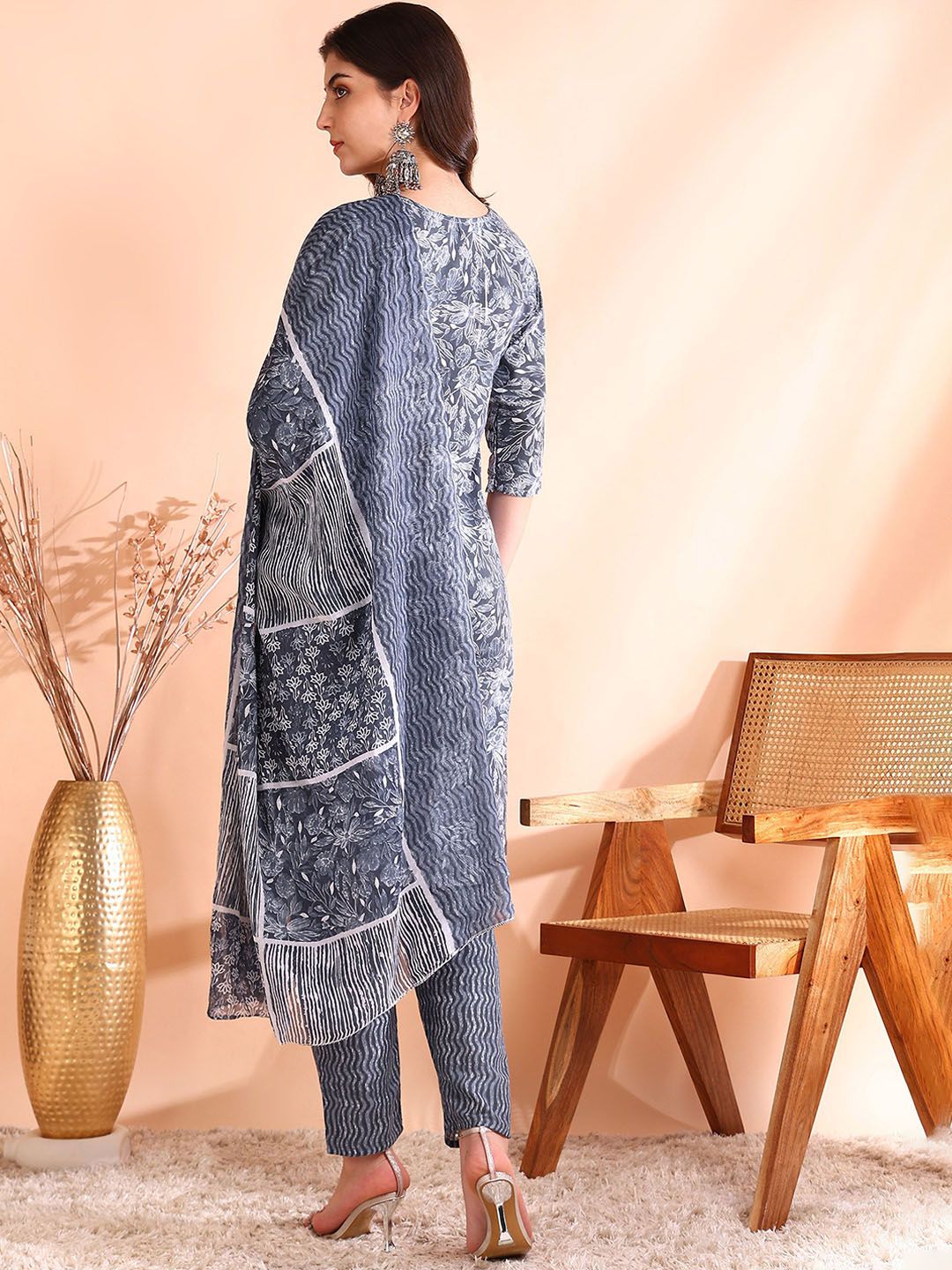 Dhiyona OD  Printed Mirror Work Pure Cotton Kurta With Trousers & Dupatta