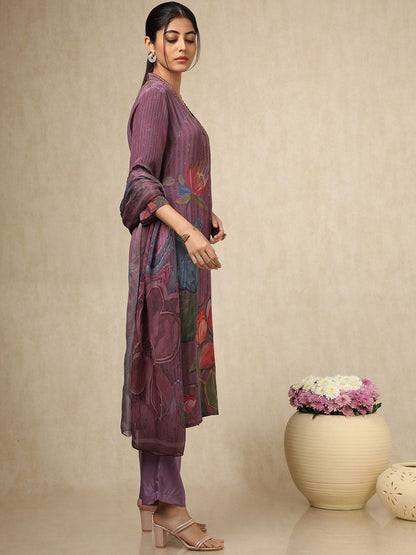 Dhiyona SO Women's Floral Printed Square Neck Beads and Stones Silk Crepe Kurta With Trousers & Dupatta