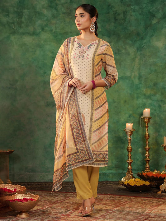 Dhiyona RR Women's Printed Beads and Stones Straight Kurta with Trousers & Dupatta