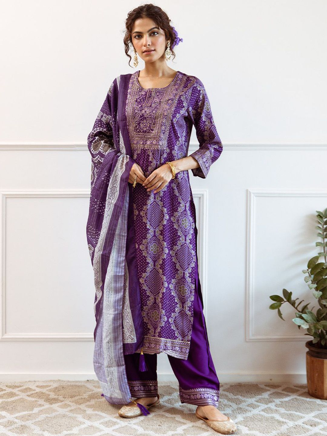 Dhiyona IS Women's Purple Bandhani Printed Round Neck Straight Kurta With Palazzos & Dupatta