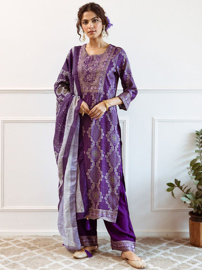 Dhiyona IS Women's Purple Bandhani Printed Round Neck Straight Kurta With Palazzos & Dupatta